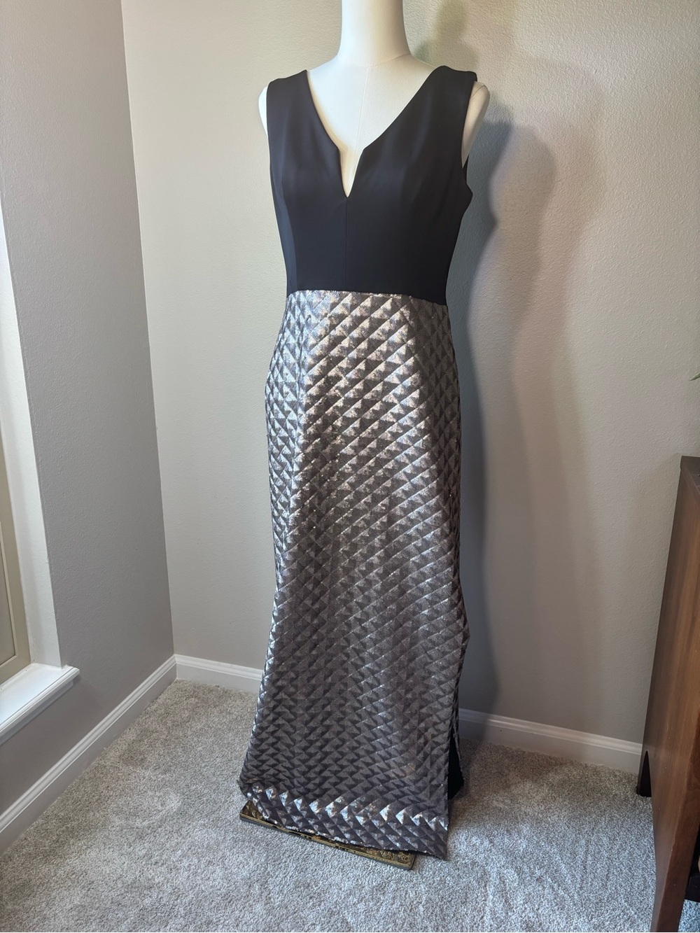 Black Halo Black Bodice with Silver Quilted Metallic Skirt Gown